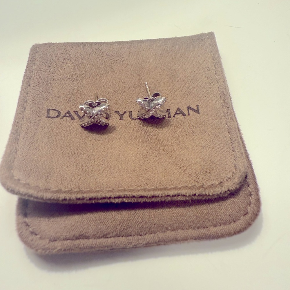 David Yurman Classic Pave Diamond X Stud Earrings 925 Sterling Silver EUC